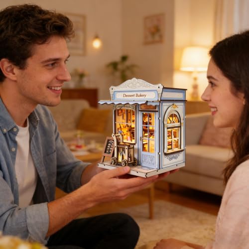 Music Park Book Nook Kit for Adults, 3D Wooden Puzzle Bakery House with LED - color: Bakery House