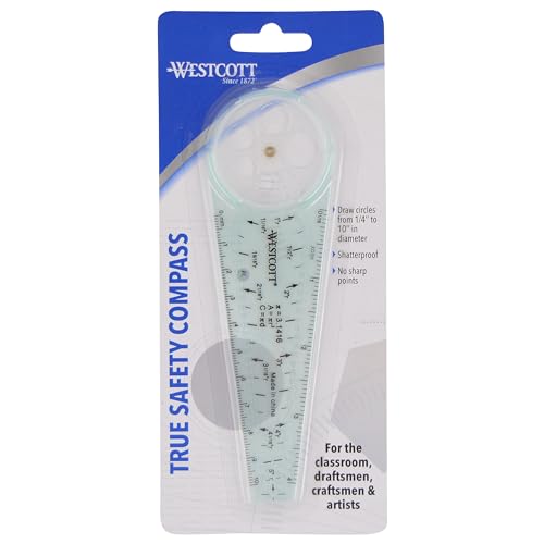 Westcott 00516 Safety Compass for Geometry, Drafting, Classrooms, Crafters and Artists, Shatterproof, Translucent Drawing Compass Creates Perfect Circles from 1/4-Inch to 10 Inches - size: Safety Compass