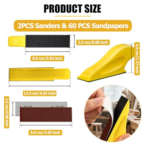 Micro Finger Sander for Crafts 2 Pack with 60 PCS 3.5 x 1 Inch Sandpaper 80 120 180 240 400 600 Grit Mini Gator Sanding for Crafts DIY Wood Finishing Tight Narrow Space Detail Polishing - color: 2 Pack Sander + 60 Sheets Sandpaper (Red)