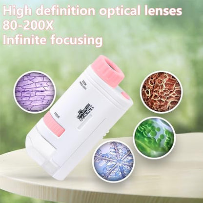 Microscope Pocket Handheld Miniscope 80X-200X Portable Microscope with LED Light for Learning Education Exploring (Pink)