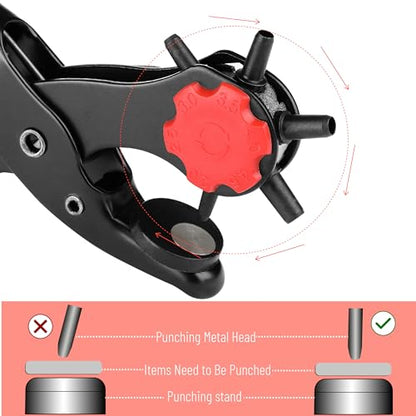 UNCO- Leather Hole Punch Tool Set with 240 Leather Rivets, Red Handle, Multi Punch Sizes, Rotary Belt Hole Puncher for Leathers, Belts, Straps, Pet Collars, Shoes, Saddles, Canvas & DIY Crafts