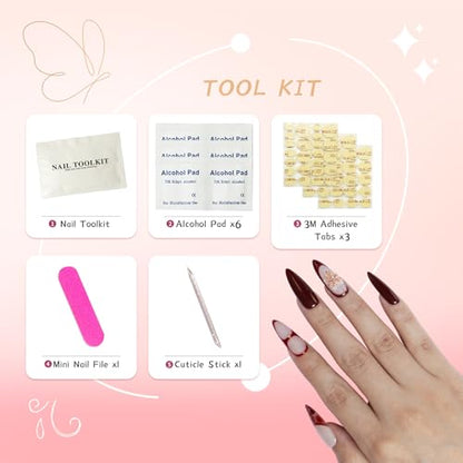 Handmade Stiletto Press on Nails Long Burgundy Glossy Gel Nails with 3D Flower Rhinestone Design, Reusable Stick on Fake Nails for Women (Size M) - color: 02, size: Medium