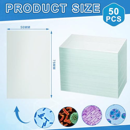 Sosation 50 Pcs Pre-Cleaned Glass Microscope Slides 75 x 50 mm/3" x 2" High-Transparency Microscope Slides for School Laboratories Professional Biological Observation