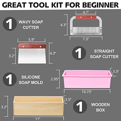 LERYKIN Rectangular Soap Mold Kit with Cutter- 42oz Flexible Silicone Loaf Soap Mold with Wood Box, Stainless Steel Wavy & Straight Scraper for Homemade Craft Soap Making Supplies - color: Pink+Silver - Rectangle