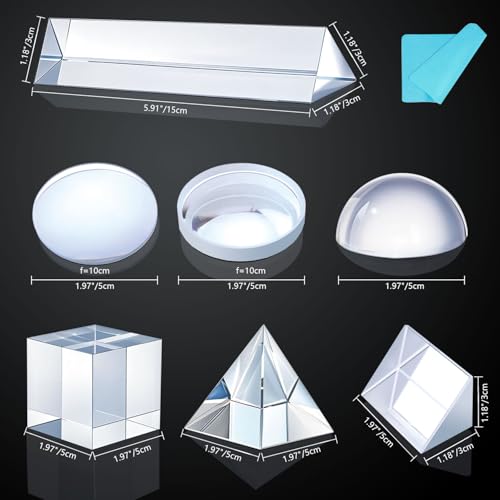 7 PCS K9 Optical Crystal Prism & Lens Set, 50mm Cube/Pyramid/Dome/Right-Angle/150mm Equilateral Prism, Biconvex/Biconcave Lens, for Photography Teaching Entertainment