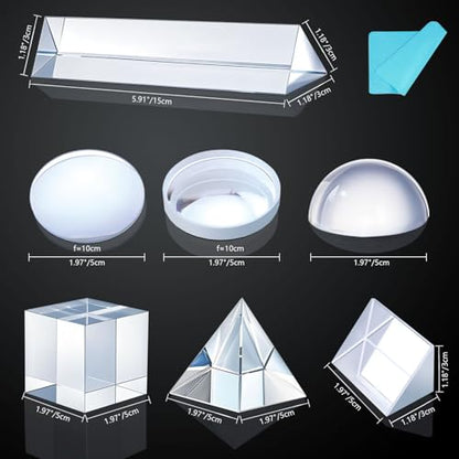7 PCS K9 Optical Crystal Prism & Lens Set, 50mm Cube/Pyramid/Dome/Right-Angle/150mm Equilateral Prism, Biconvex/Biconcave Lens, for Photography Teaching Entertainment