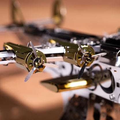 METAL-TIME SPLASHING DREAMER, 3D Metal Airplane Model Mechanical Building Kit, Unique Wind-Up Moving Mechanism, Stainless Steel DIY Construction with Toolbox - 124 Pieces.