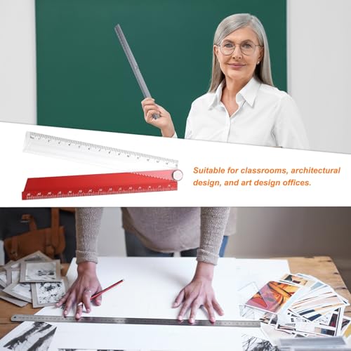 HARFINGTON Folding and Straight Ruler Kit 30/15cm Metric Aluminum Alloy Plastic Protractor Foldable Angle Rulers for Home Classroom Office, Red - color: Clear-Red