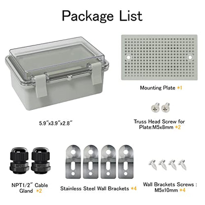 Junction Box IP65 Waterproof ABS Plastic Enclosure Hinged PC Clear Cover Electrical Project Box with Mounting Plate, Wall Brackets, Cable Glands 5.2" x 3.2" x 2.6" - color: Clear Cover, size: 5.2" x 3.2" x 2.6"