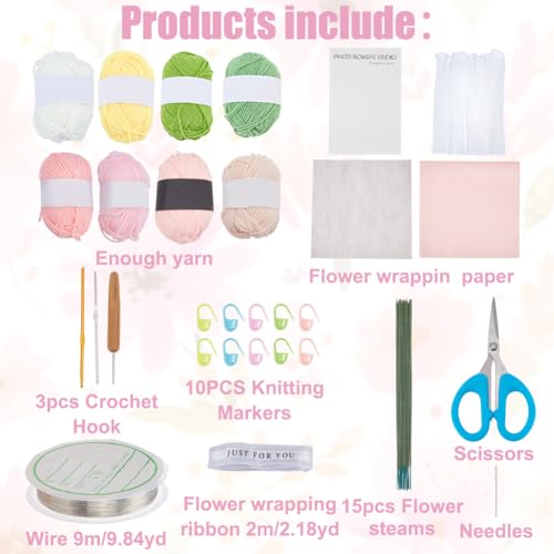 INFUNLY 15 Set Valentine's Day Crochet Flower Bouquet Kit Pink White DIY Crochet Rose Kit for Beginners Handmade Artificial Knitted Bouquet with Step-by-Step Tutorial for Wedding Bridal Decor - style: Pink Tulips Roses