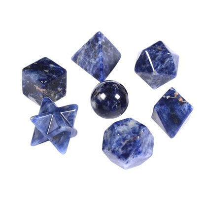 7-Piece Sodalite Natural Crystal Geometry Collection Healing Crystals Kit Sacred Geometry Platonic Solids Geometric Set Tumbled Stones Specimen Collection - style: Sodalite