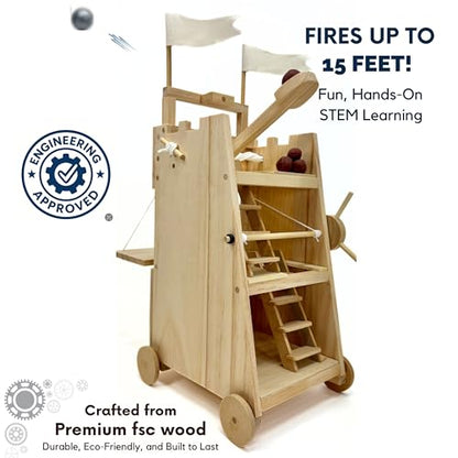 PATHFINDERS STEM Kit – Medieval Siege Tower with Catapult | Wooden Building Kit for Teens and Adults | Engineering & Physics Toy | Hands-On STEM Project