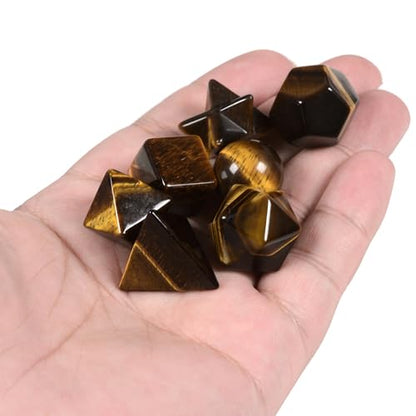 Justinstones 7-Piece Golden Tiger Eye Natural Crystal Geometry Collection Healing Crystals Kit Sacred Geometry Platonic Solids Geometric Set Tumbled Stones Specimen Collection - style: Golden Tiger Eye