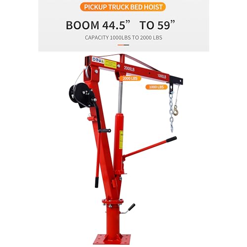 Truck Crane Truck Bed Hoist with Hand Winch Pickup Jib Crane 2000 lbs Capacity Hydraulic Extendable Boom 360° Pivot Red - color: Red