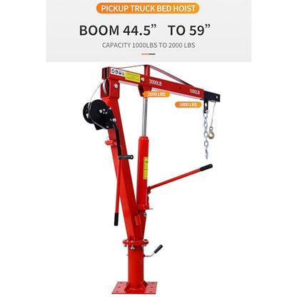 Truck Crane Truck Bed Hoist with Hand Winch Pickup Jib Crane 2000 lbs Capacity Hydraulic Extendable Boom 360° Pivot Red - color: Red