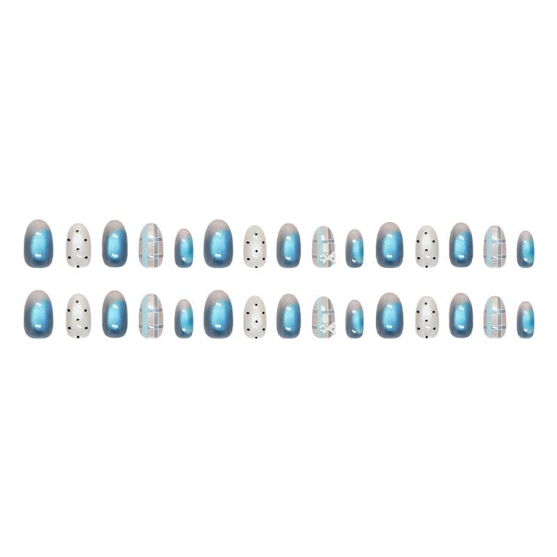 Almond Press on Nails Short Blue Fake Nail Bow and Stripes Stripes Acrylic Nail Press ons Cat Eye Stick on Nail for Women 24pcs - color: Color27