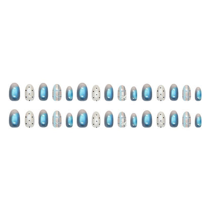 Almond Press on Nails Short Blue Fake Nail Bow and Stripes Stripes Acrylic Nail Press ons Cat Eye Stick on Nail for Women 24pcs - color: Color27