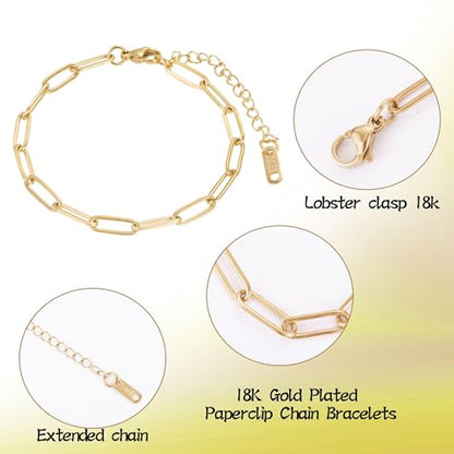 HUISUYTON 18K Gold Plated 10PCS 6.3 Inch Paperclip Charm Bracelet Chain - color: Gold and Silver-5.25Ft
