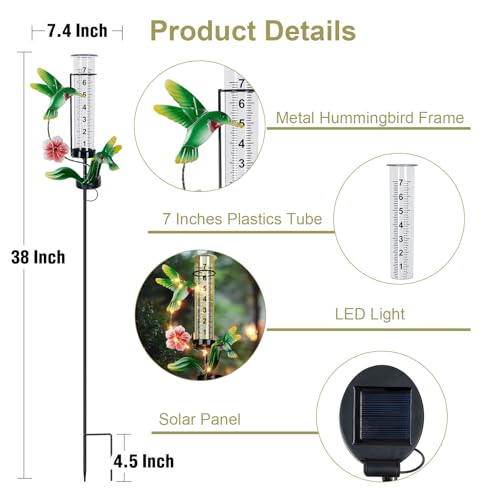Hummingbird Rain Gauge Outdoor, 38" Tall Solar Rain Gauges - color: Green - Hummingbird