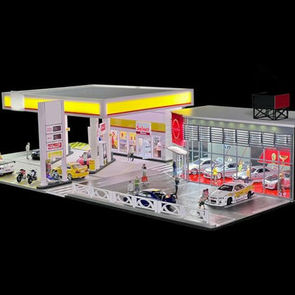 1/64 Scale Shell Gas Station Diorama Kit, Miniature Building Scene Model Set, Collectible Desk Decor for Home & Office (No Vehicles or Figures)