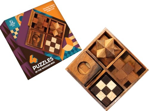 BSIRI 4 in 1 Wooden Brain Teaser Puzzles for Adults - Challenging 3D Desk Wood Puzzles Set Interlocking Hand Games for Mind Toys Suits for Rustic Patio Decor Unique Gift Office Decoration - style: 4 Puzzle Set