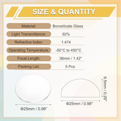 PATIKIL 5 Pack Convex Lens, 25mm OD 36mm Focal Length Optical Lenses - size: 25mm OD x 6.5mm H x 36mm Focal L