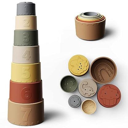 Moonkie Stacking Cups Toy, Fun Educational Baby Toys Silicone Soft Teething Toy, Age 6+ Months, 7 Piece Set - color: Retro