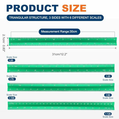 HARFINGTON Architectural Scale Ruler 12" Metric Aluminum Alloy Green | Small Scale, Architect Triangular, Laser-Etched Blueprint, Drafting Ruler, for Architects Engineers - color: Green, size: 12 Inch