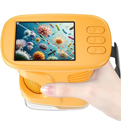 1000X Kids Handheld Microscope, 4K Digital Mini Pocket Digital Microscope with 2.4" IPS Screen, Built-in Camera & 12 Prepared Slides, STEM Educational Toy, Birthday Gift for Boys & Girls Ages 3–12 - color: Yellow