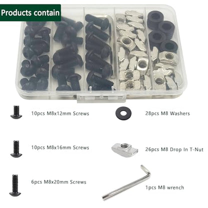 80 pcs M8 T Nut Screws Kit for 4040 4080 Aluminum Extrusion, 26 pcs Black M8x12/16/20mm Hexagon Socket Carbon Steel Screws and 26 pcs M8 Drop in T-Nuts, 28 Washers with Hex Wrench - style: 80pcs 40 Series Screws Kit Black