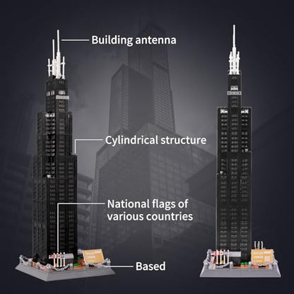 Oichy Willis Tower Chicago Architecture Block Set, World Famous Architecture Building Blocks, Collection Willis Tower Building Blocks for Adults and Kids(1241 PCS) - color: Willis Tower