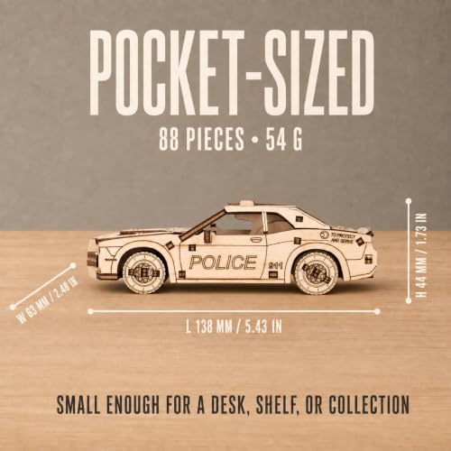 EWA Eco-Wood-Art Pocket Police Car - 3D Wooden Puzzle Mechanical Model Kit DIY Wood Construction Set
