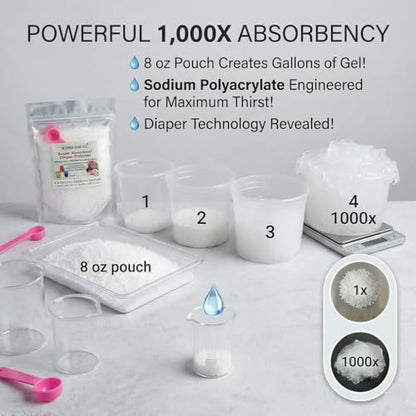 Super Absorbent Polymer (8 oz) – Fine Granular Water Gel Crystals for STEM Experiments, Sensory Play, and Magic Tricks – Absorbs 1,000x Its Weight – Certified Non-Toxic