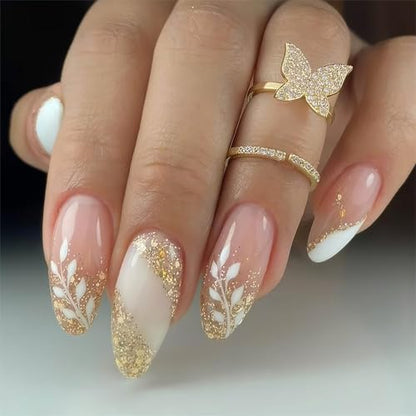 RTKHFZE Press on Nails Medium Almond Shape Fake Nails Gold Glitter Artificial Acrylic Nails with Palm Designs Nail Press ons Full Cover False Nails Glue on Nail for Women Manicure - color: Style17