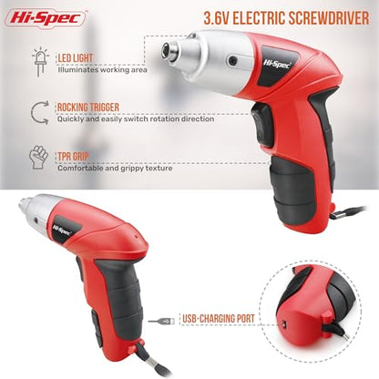 Hi-Spec 27pc 3.6V Red Small Power Electric Screwdriver Set. Cordless & Rechargeable with Driver Bit Set - color: Red