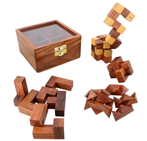 Ajuny Wooden Puzzles Box Set (4 Games) Brain Teaser for Teens & Adults, IQ Test Interlocking 3D Puzzles, Handcrafted Rustic Patio Decor, Unique Gift for Christmas and Birthdays - style: 4 in 1