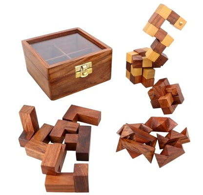 Ajuny Wooden Puzzles Box Set (4 Games) Brain Teaser for Teens & Adults, IQ Test Interlocking 3D Puzzles, Handcrafted Rustic Patio Decor, Unique Gift for Christmas and Birthdays - style: 4 in 1