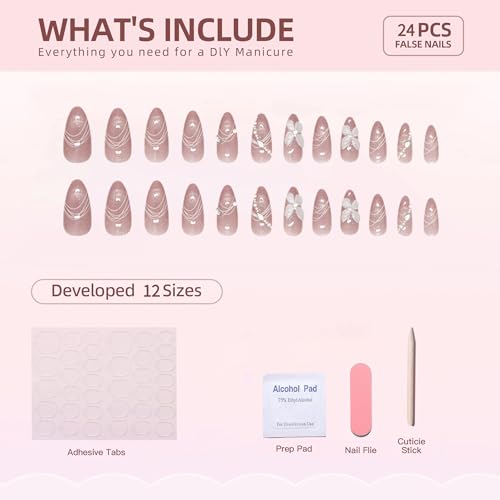 24Pcs Pink Cat Eye Press on Nails Almond Medium Length Fake Nails with Butterfly Designs Rhinestone Nail Press Ons 3D Gradient False Nails Glossy Full Cover Acrylic Glue Stick on Nail for Women - color: Style19