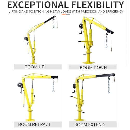 Truck Crane Truck Bed Hoist with Hand Winch Pickup Jib Crane 2000 lbs Capacity Hydraulic Extendable Boom 360° Pivot Yellow - color: Yellow