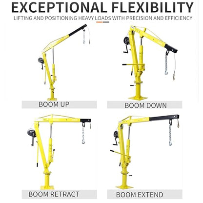 Truck Crane Truck Bed Hoist with Hand Winch Pickup Jib Crane 2000 lbs Capacity Hydraulic Extendable Boom 360° Pivot Yellow - color: Yellow