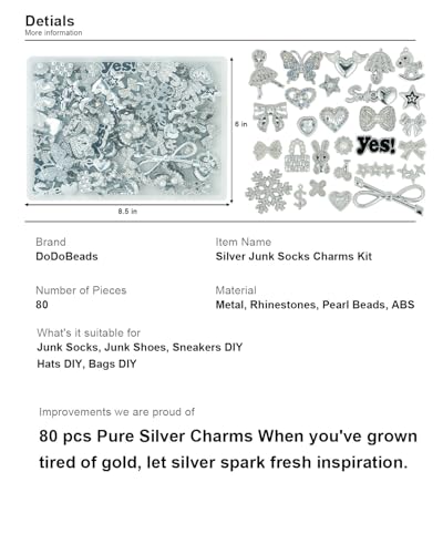 DoDoBeads 85 Pcs Junk Socks Charms Kit, Black and Red Charms for Socks, Brooches and Pins for Women, ShoeCharms with Bows, Sneakers DIY Kit with Pearls Rhinestones Chains - color: Silver