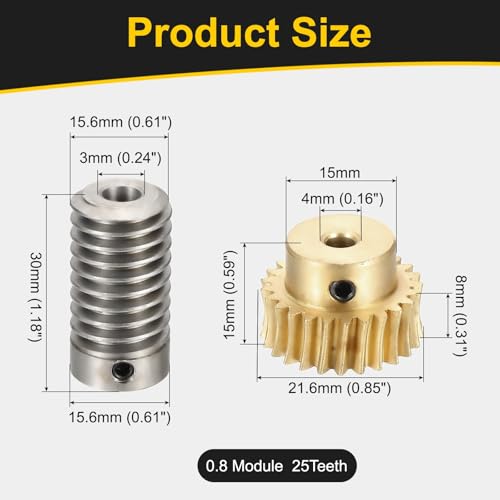 uxcell Worm Gear Set 25T 0.8 Module 1:25 Reduction Rate, Right Rotation Drive Gear Box Wheel Reduce Transmission Part (Brass Gear-4mm Bore, 1045 Steel Rod 6mm Bore) - size: Gear-4mm, Rod-6mm Bore, style: 0.8M-25T