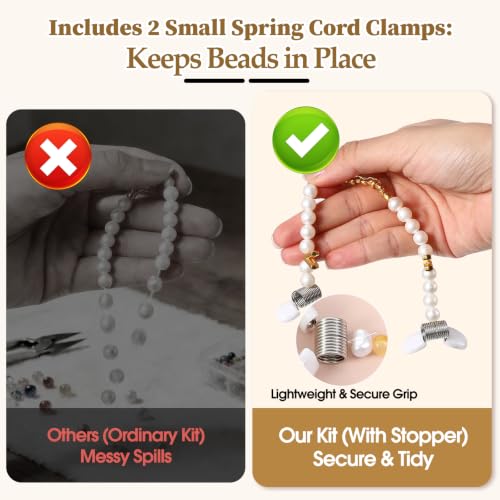 3 Rolls Elastic String Kit (328 Yds) with Spring Cord Clamps - 0.5/0.8/1.0mm Stretchy Cord for Clay & Seed Beads, Jewelry Repair, Necklaces & DIY Friendship Bracelets - 8 Pcs Set w/Needles & Scissors