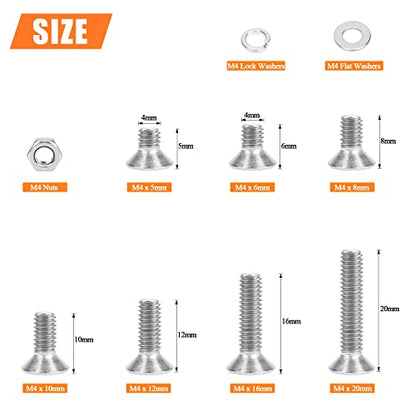 HELIFOUNER 380 Pieces M4 x 5mm /6mm /8mm /10mm /12mm /16mm /20mm, Countersunk Head Socket Cap Screws Bolts Washers Nuts Kit, 304 Stainless Steel - size: M4, style: Countersunk Head Socket Cap
