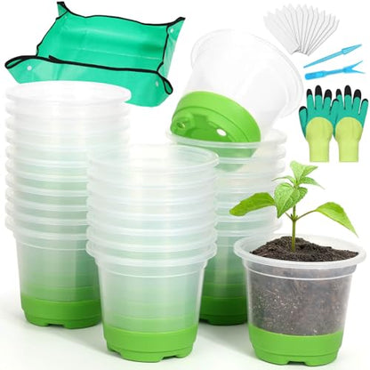 Caffox 57PCS Reusable Seed Starter Kit Includes 26 Packs 4" Clear Nursery Pots with Silicone Base, Repotting Mat, Gardening Gloves, Plant Labels and Seedling Tools for Easy Transplant - size: 4 Inch Clear Nursery Pots