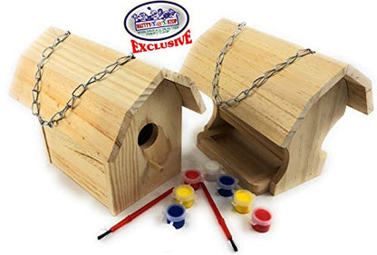 Matty's Toy Stop Paint-A-Barn Wooden Birdhouse & Bird Feeder (Includes Paints & Brushes) Gift Set Bundle - 2 Pack