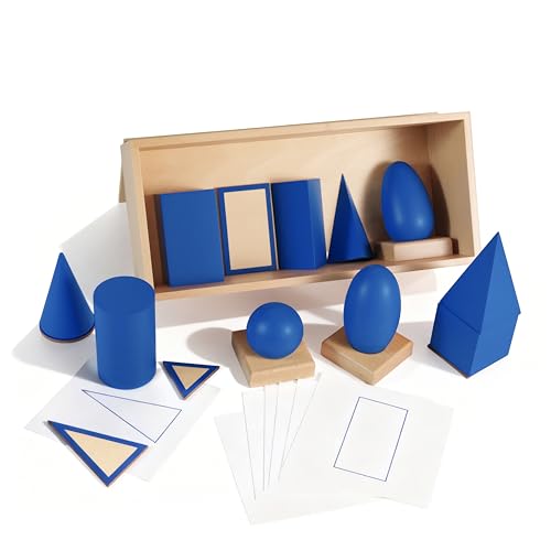 Premium Montessori Geometric Solids with Matching Cards, Solid Beechwood 3D Shapes, Plane Figures, Stands & Cards, Sensorial Geometry Materials for Spatial Awareness, Homeschool Classroom Kids 3-9