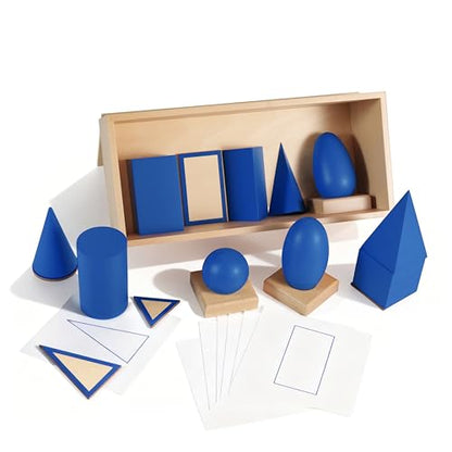 Premium Montessori Geometric Solids with Matching Cards, Solid Beechwood 3D Shapes, Plane Figures, Stands & Cards, Sensorial Geometry Materials for Spatial Awareness, Homeschool Classroom Kids 3-9