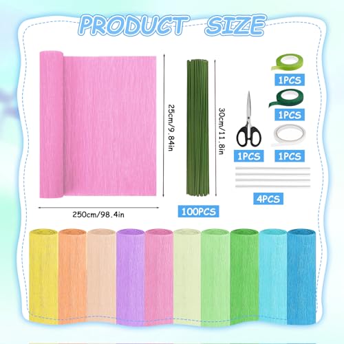 Crepe Paper Streamers 10 Rolls–Macaron Flower Kit with 100 Stems&Tools - color: Macaron