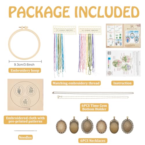 FREEBLOSS 6 Set Embroidery Necklace Kit Embroidery Kit for Beginners Embroidery Pendant Flowers Brooch Mini Embroidery Kit with Instruction Embroidery Starter Kit for Adults Stamped Pattern Cloth